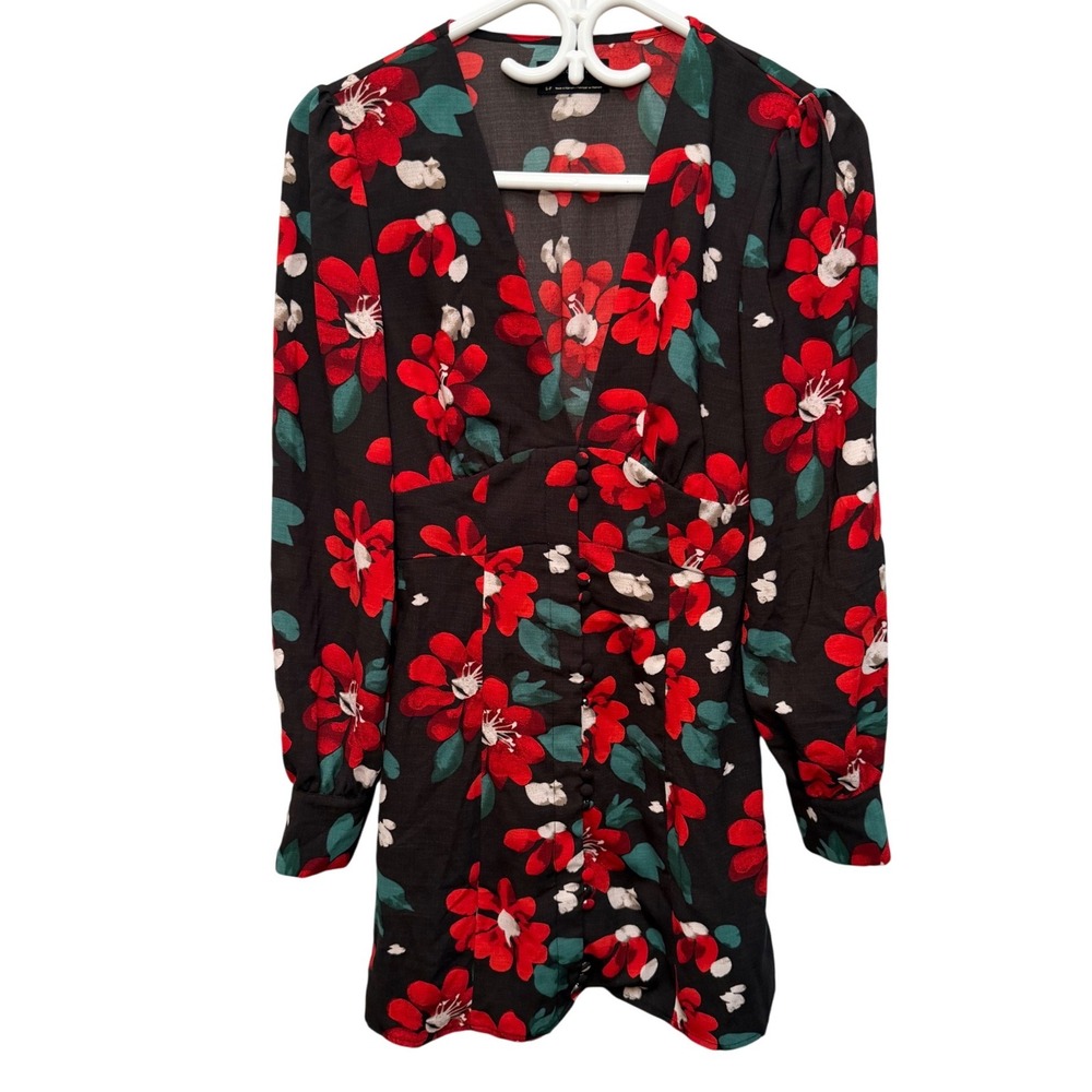 Urban Outfitters Floral V-Neck Mini Dress Black Red Long Puff Sleeve Small